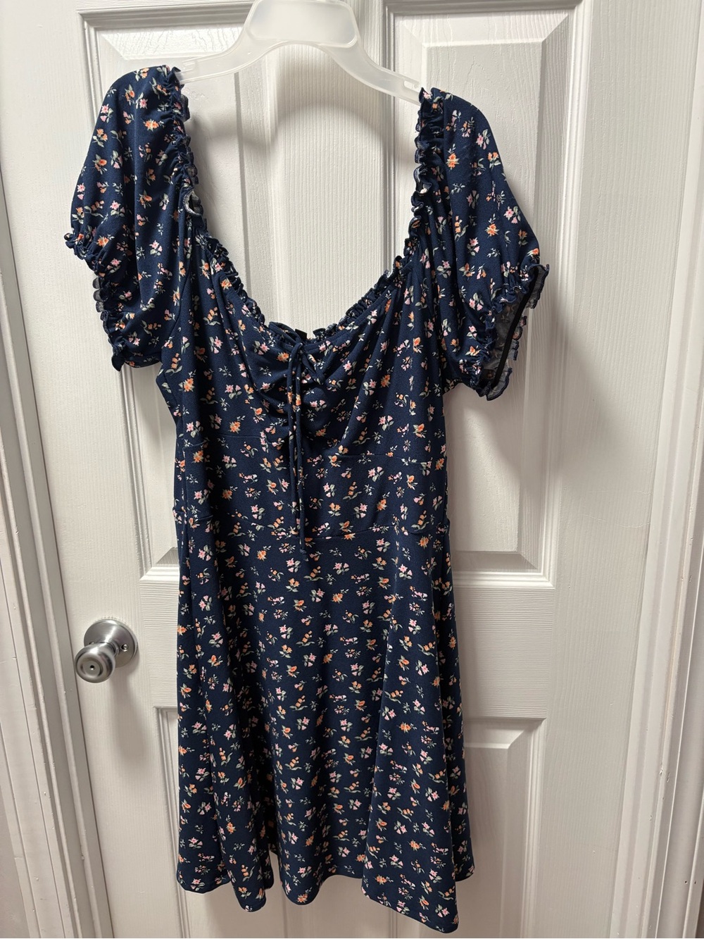 City Triangles Navy Floral Midi Dress with Puff Sleeves